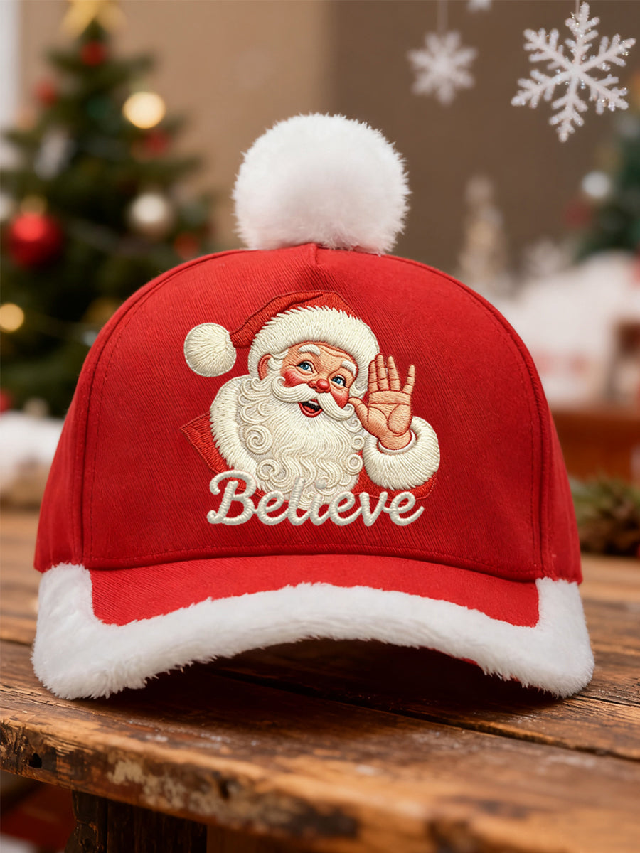 Unisex Christmas Believe Santa Claus Print Plush Stitching Hat