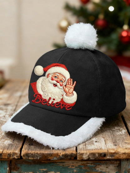 Unisex Christmas Believe Santa Claus Print Plush Stitching Hat
