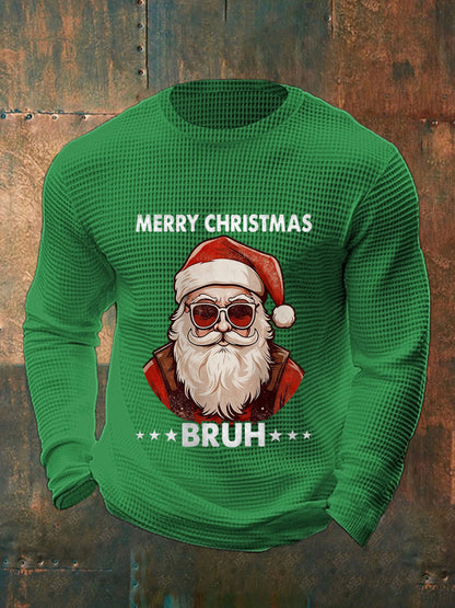 Men's Funny Merry Christmas Bruh Santa Claus Print Casual Waffle Long Sleeve Top
