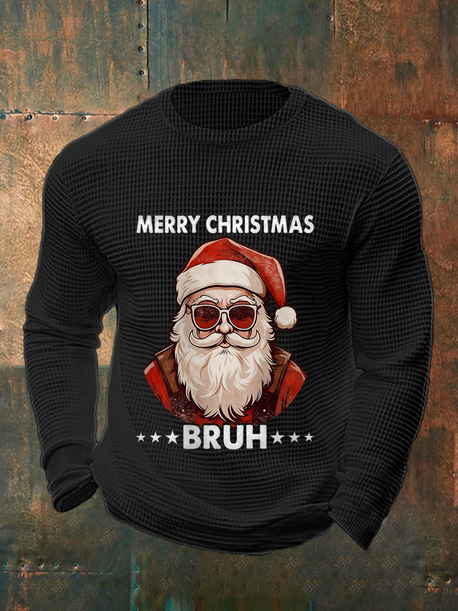Men's Funny Merry Christmas Bruh Santa Claus Print Casual Waffle Long Sleeve Top