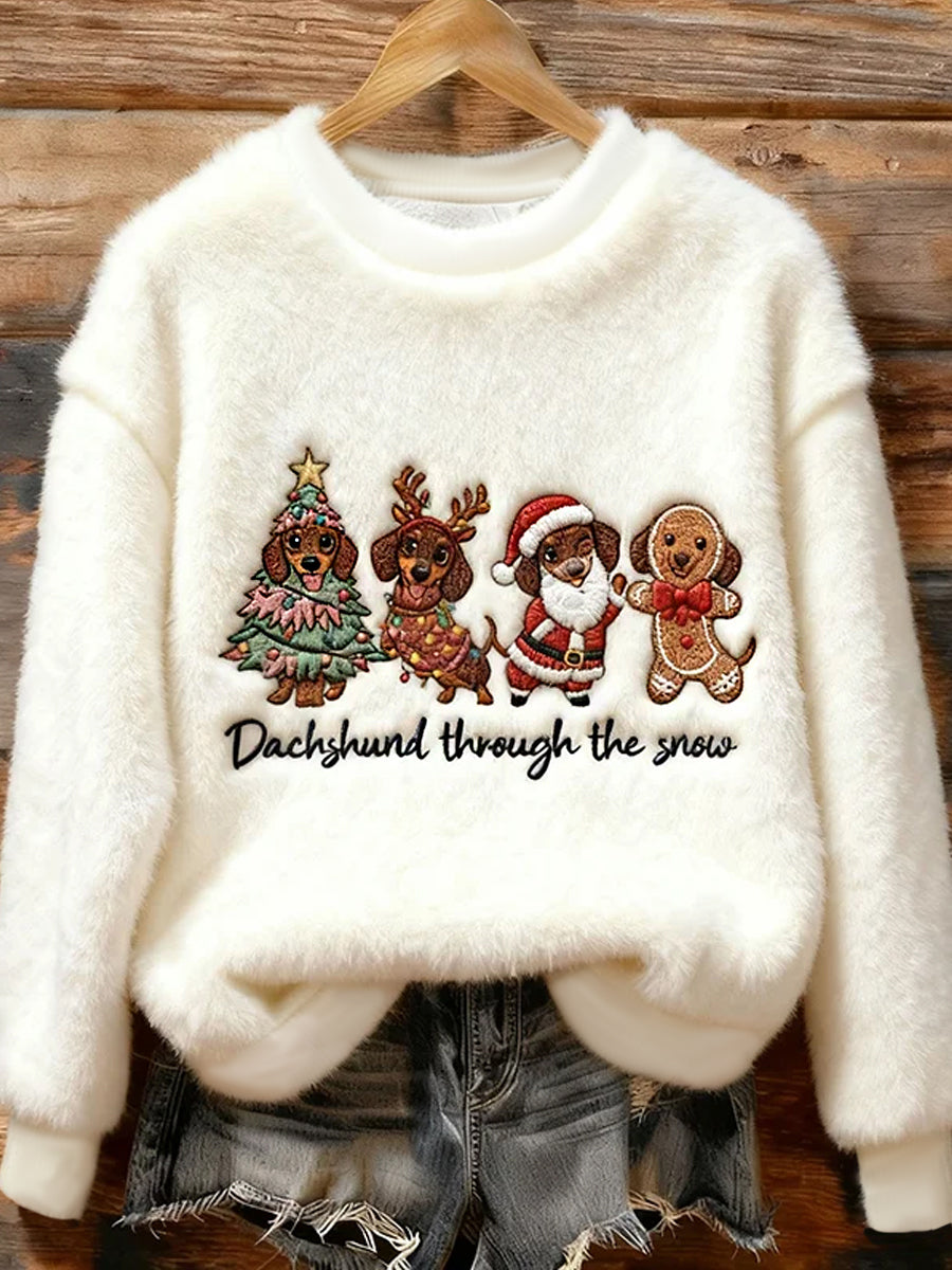 Women's Cute Christmas Dachshund Pattern Flannel Hoodie