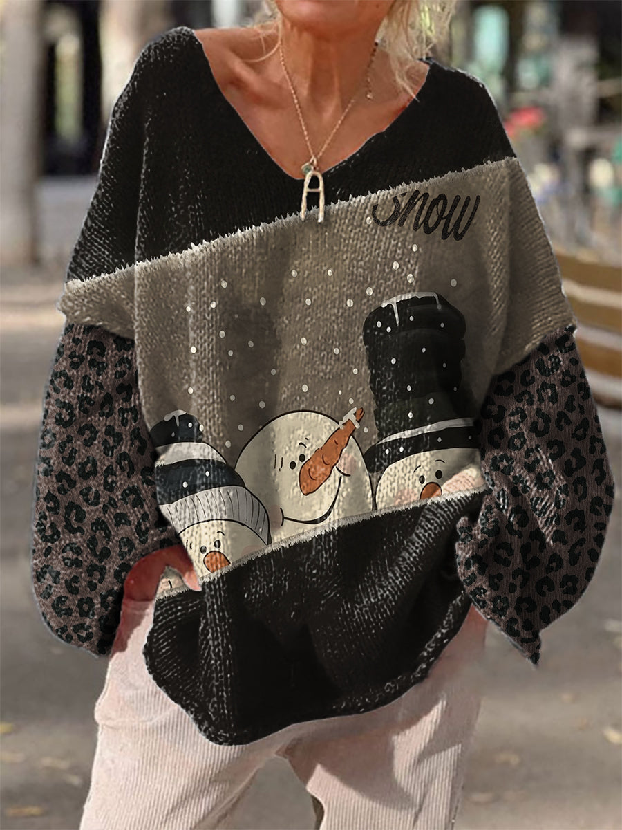 Women's Merry Christmas Art Printed Knit V-neck Pullover Sweater