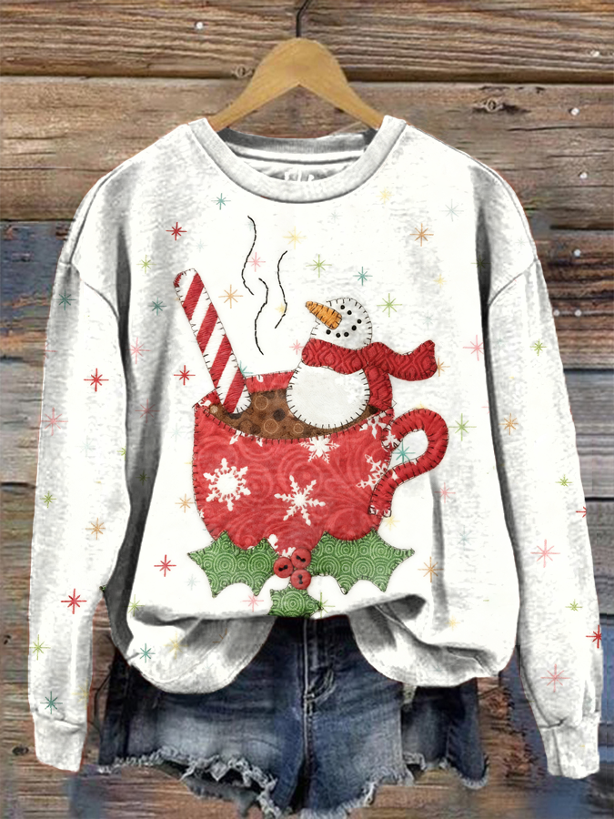 Women's Marshmallow Snowman and Cocoa Mug Print Regular Sweatshirt