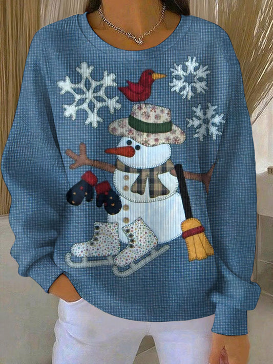Women's Cold Weather Friends Quilt Pattern snowman cardinal  ice skates Print Ribbed Round-Neck Sweatshirt