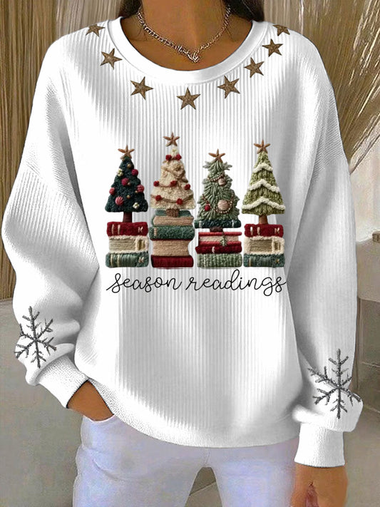 Women's Cozy Yarn Trees Print Ribbed Round-Neck Sweatshirt