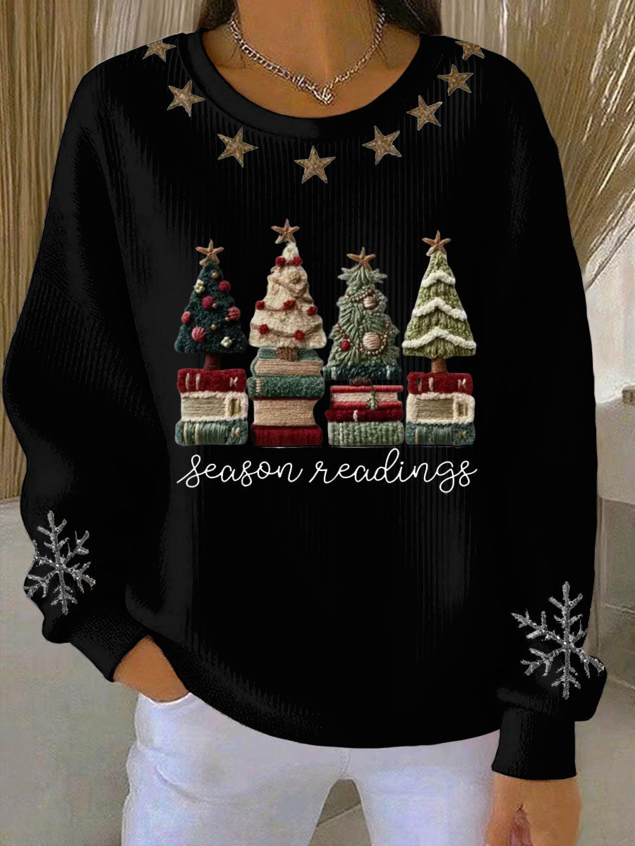 Women's Cozy Yarn Trees Print Ribbed Round-Neck Sweatshirt