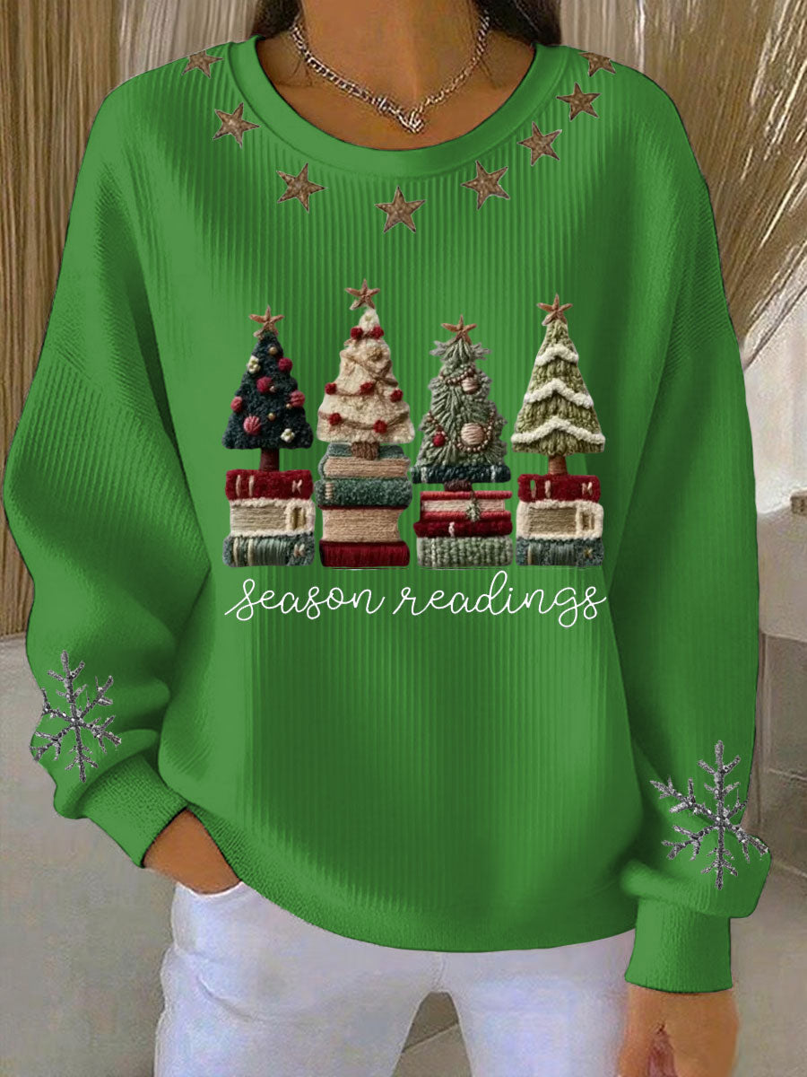 Women's Cozy Yarn Trees Print Ribbed Round-Neck Sweatshirt