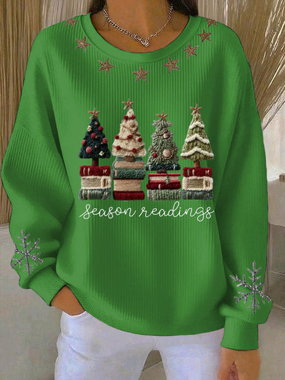 Women's Cozy Yarn Trees Print Ribbed Round-Neck Sweatshirt