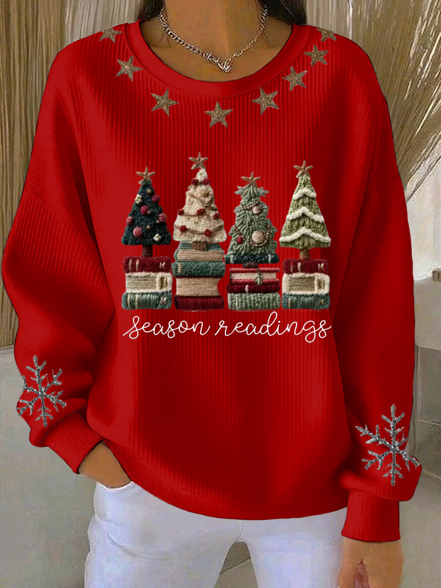 Women's Cozy Yarn Trees Print Ribbed Round-Neck Sweatshirt