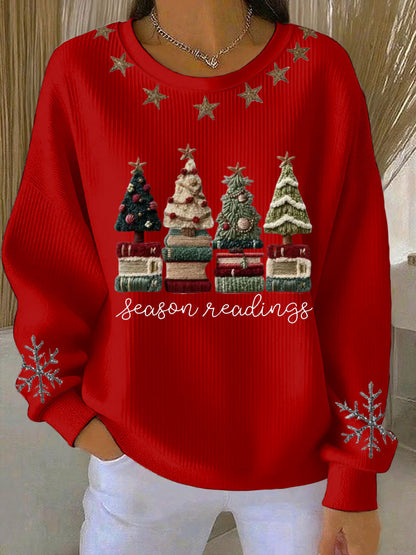 Women's Cozy Yarn Trees Print Ribbed Round-Neck Sweatshirt