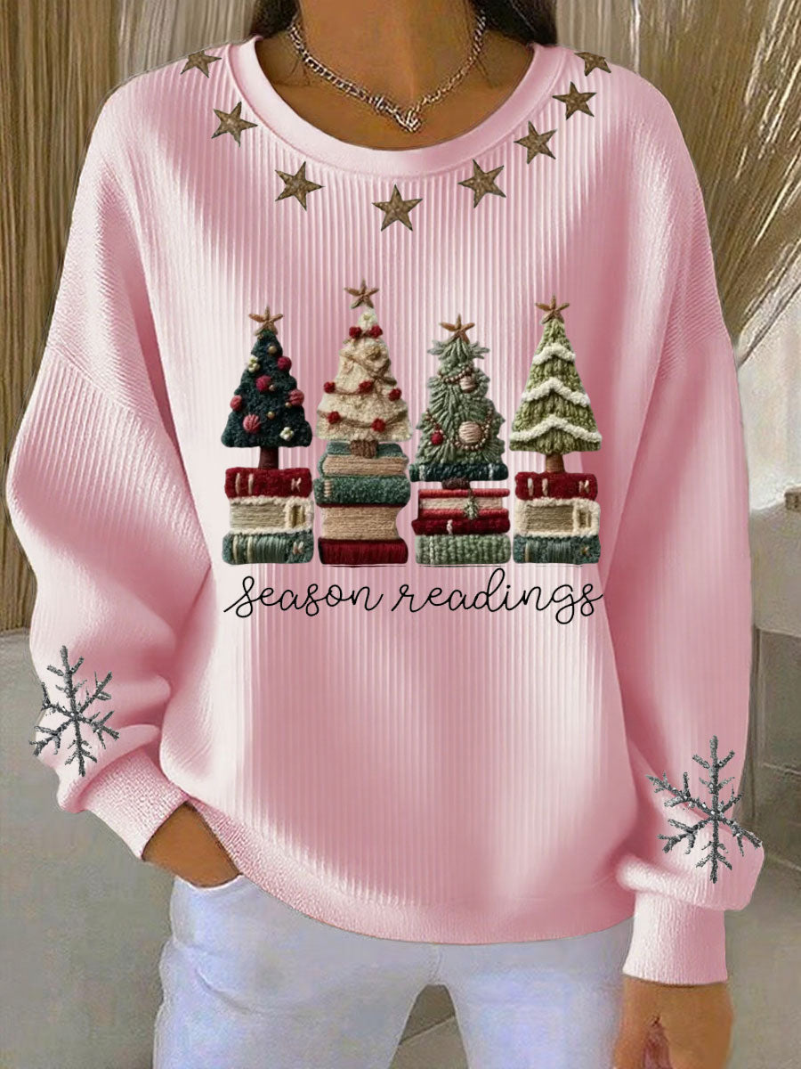 Women's Cozy Yarn Trees Print Ribbed Round-Neck Sweatshirt