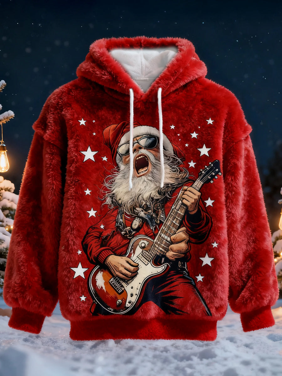 Men's Christmas Rock Santa Claus Print Casual Flannel Hoodie