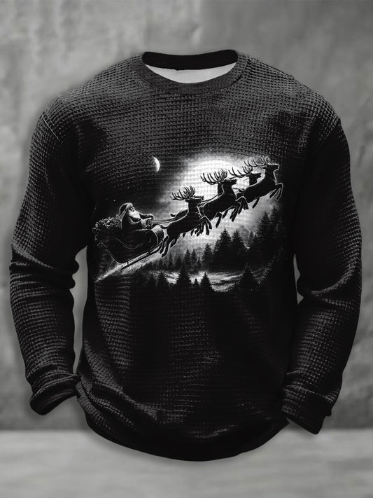 Men's Retro Christmas Vintage Reindeer Scene Waffle Long Sleeve T-Shirt