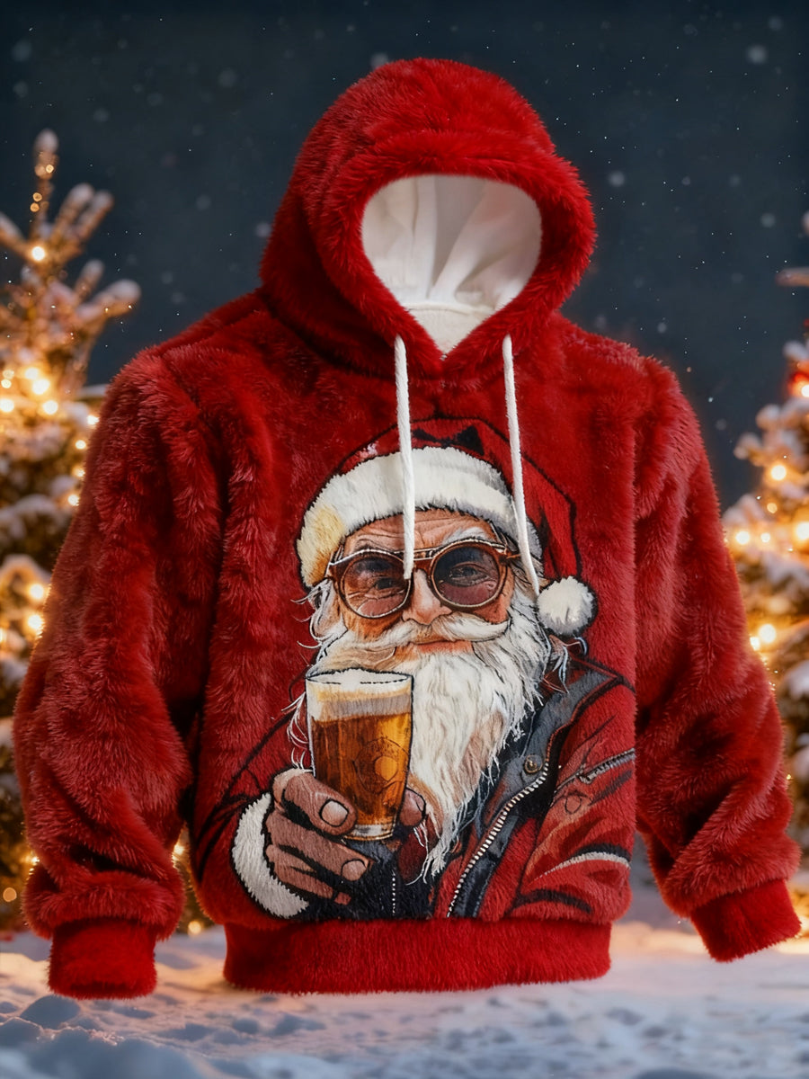 Men's Christmas Drink Up Santa Claus Print Casual Flannel Hoodie