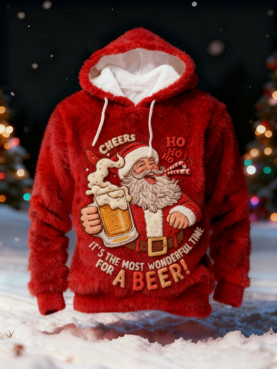 Men's Funny Christmas It‘s The Most Wonderful Time For A Beer Santa Claus Print Casual Flannel Hoodie