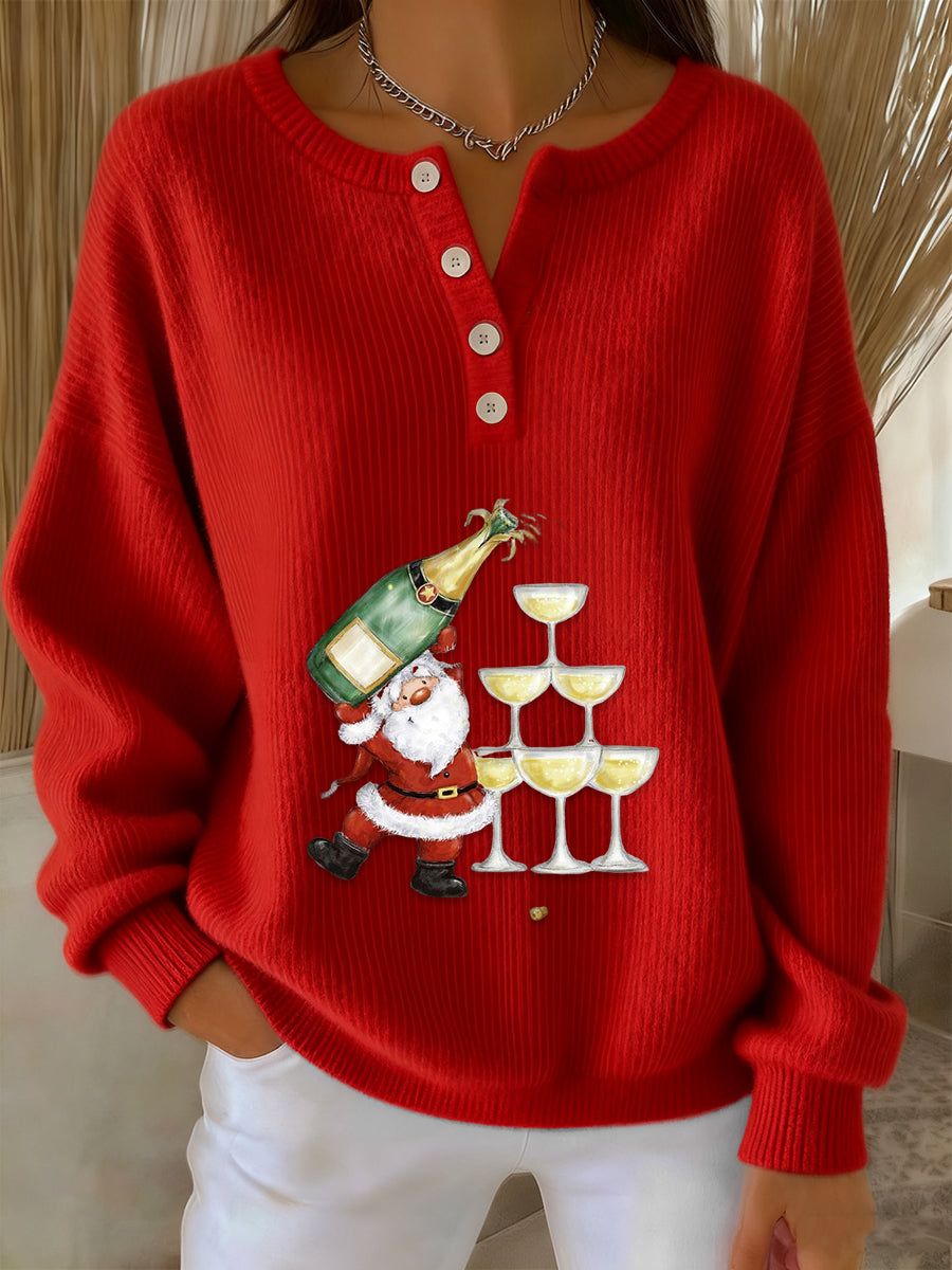 Women's Retro Faith The Santa Claus Cocktail Print Long-sleeve Sweater