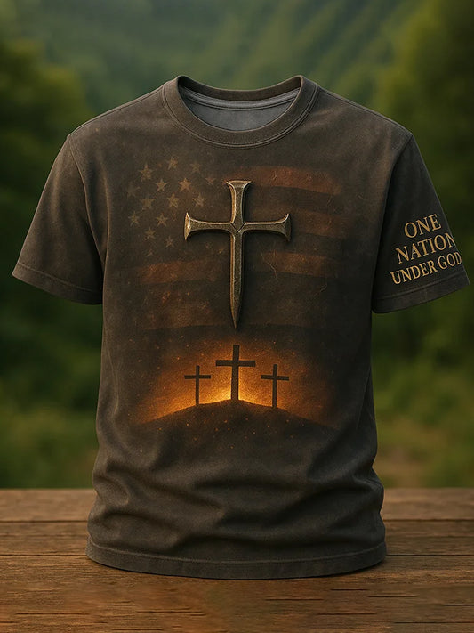 Men's One Nation Under God Cross Faith USA Flag Print Casual Tee
