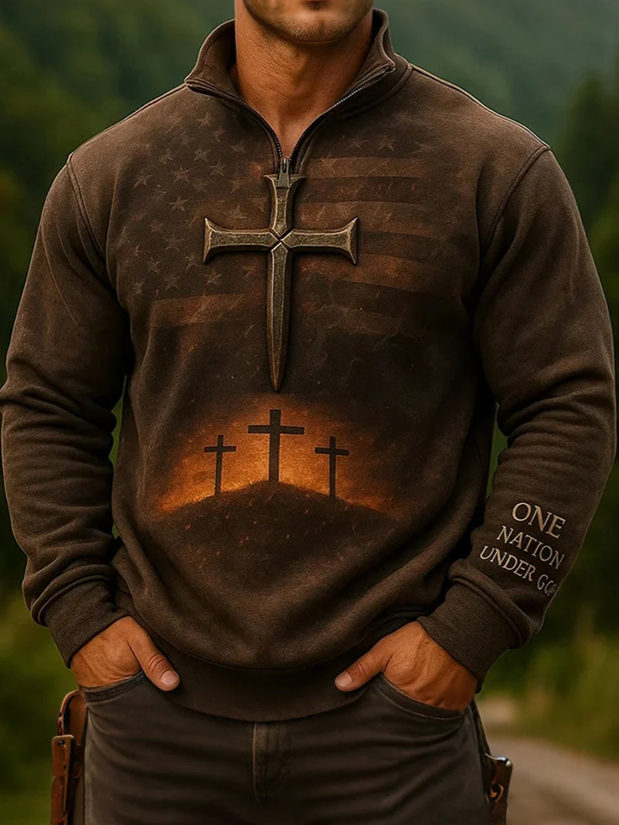 Men's One Nation Under God Cross Faith USA Flag Print Casual Zipper Sweatshirt