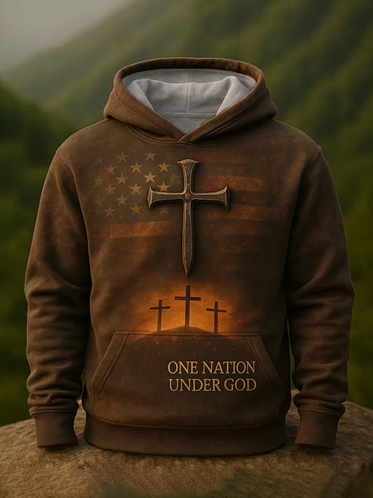 Men's One Nation Under God Cross Faith USA Flag Print Casual Hoodie