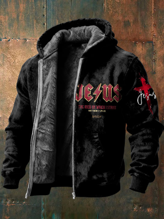 Retro Jesus The Rock On Which I Stand Fleece-Lined Hooded Jacket