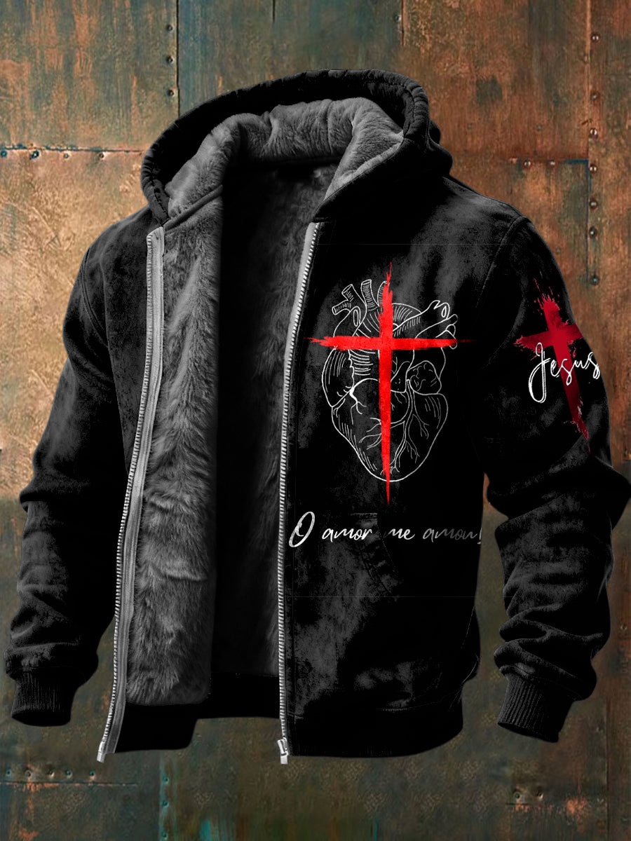 Retro Jesus Love and Sacrifice Fleece-Lined Hooded Jacket