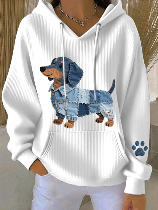 Women's Denim Patchwork Art Dachshund Pattern Hoodie