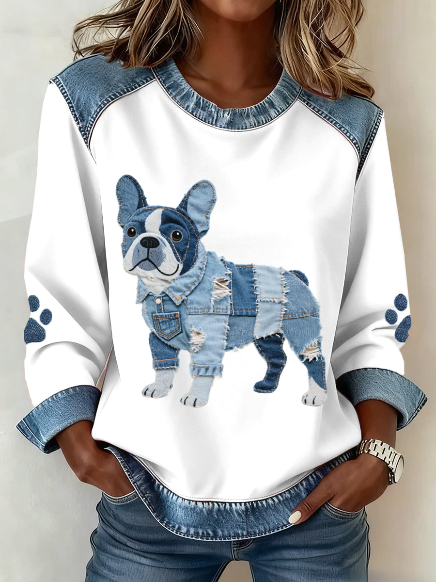 Women's French Bulldog Pattern Denim Patchwork Art Sweatshirt