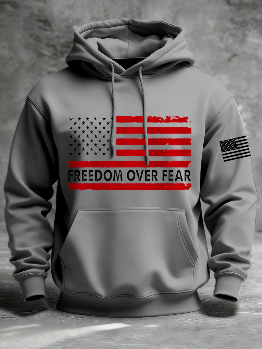 Men's Freedom Over Fear USA Flag Print Casual Hoodie