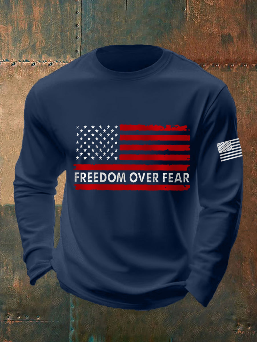 Men's Freedom Over Fear USA Flag Print Long Sleeve T-Shirt