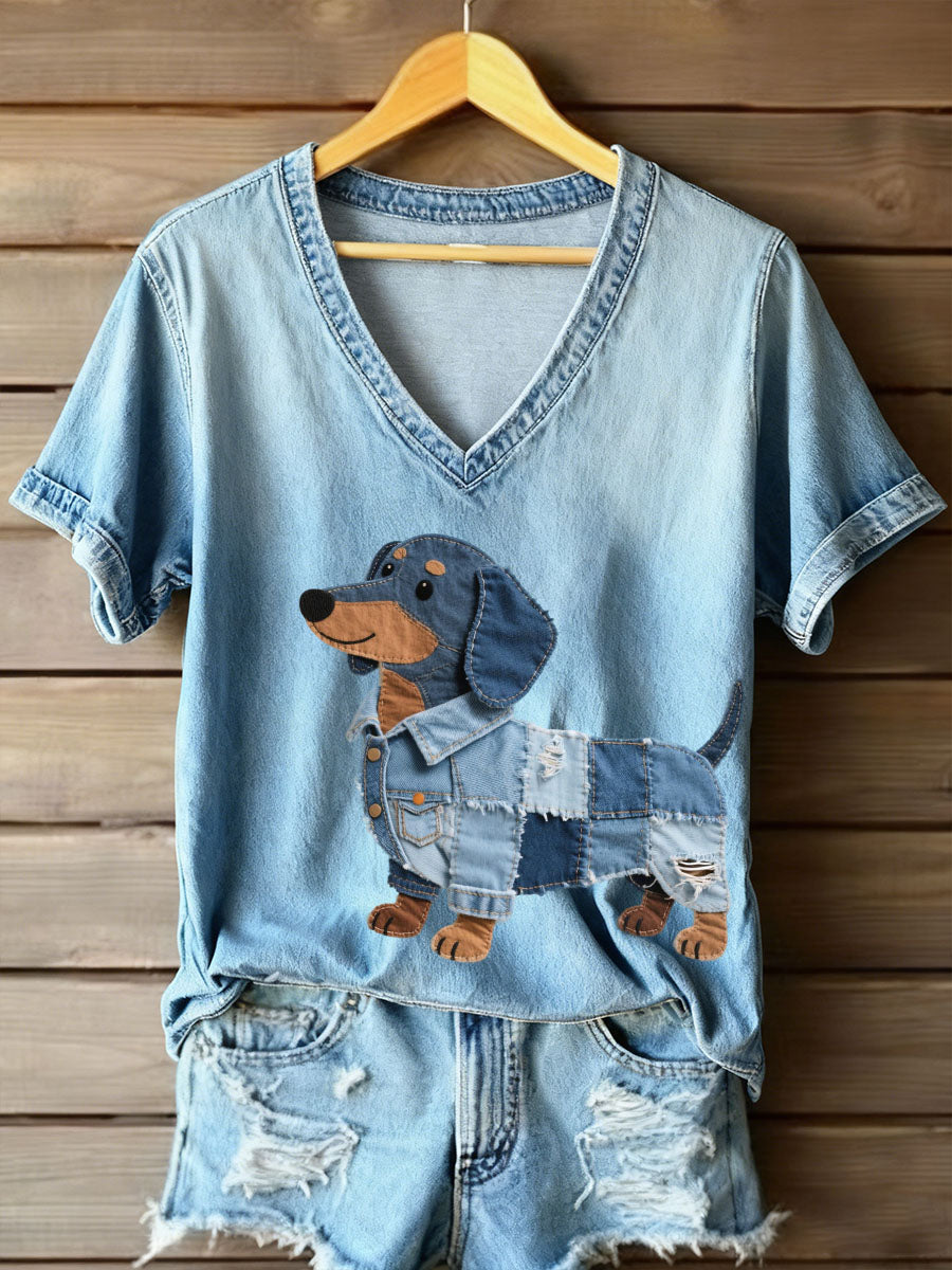 Women's Denim Patchwork Art Dachshund Pattern V-Neck T-Shirt