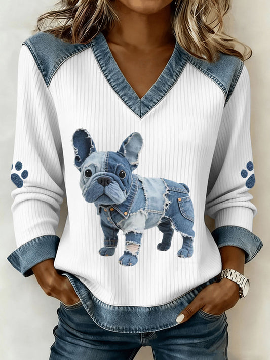 Women's French Bulldog Pattern Denim Patchwork Art V-Neck Top