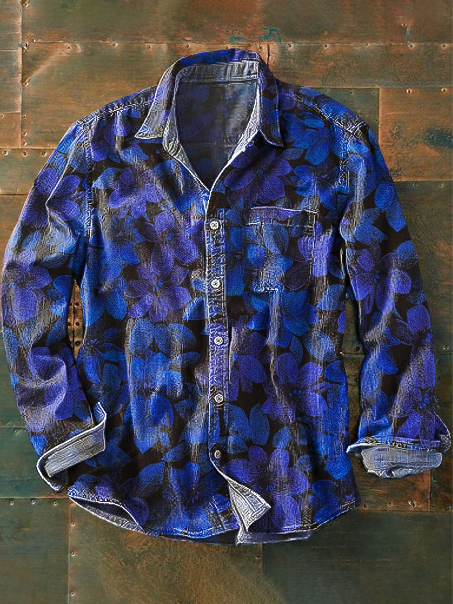 Men's Vintage Abstract Floral Art Print Long Sleeve Pocket Shirt