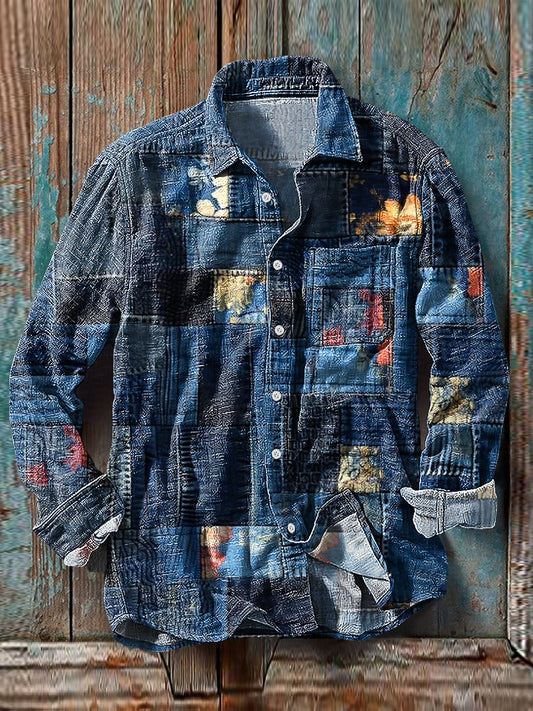 Men's Vintage Denim Patchwork Pattern Cotton Linen Long Sleeve Pocket Shirt