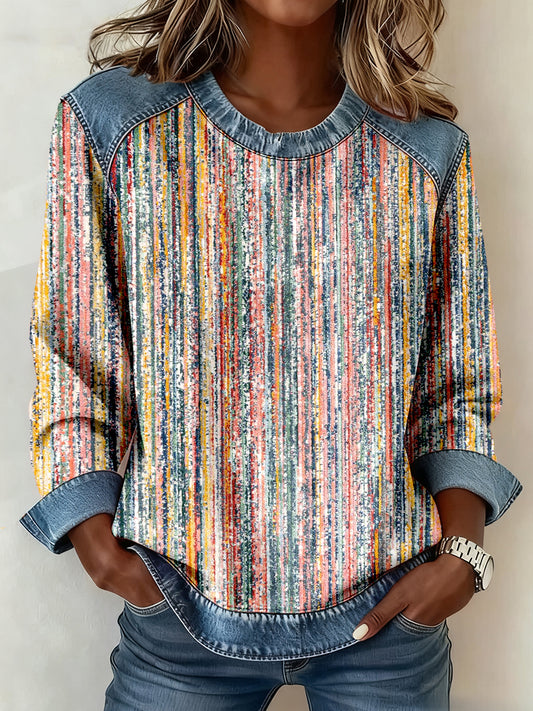 Women's Multicolor Striped Print Denim Patchwork Sweatshirt