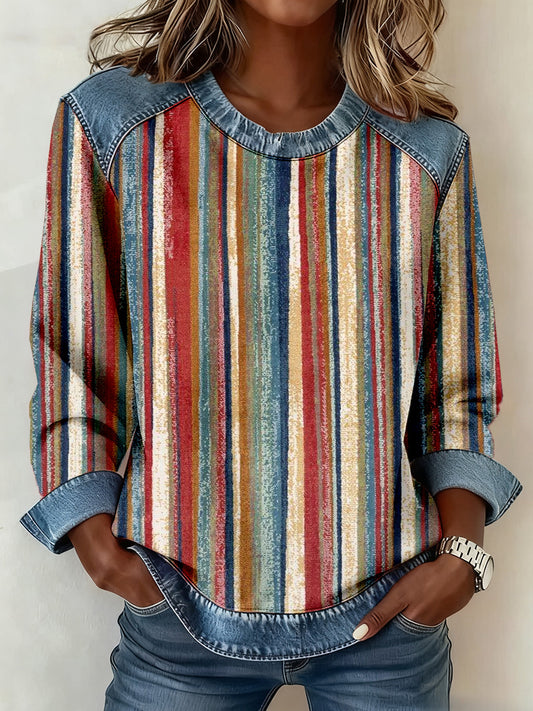 Women's Multicolor Striped Print Denim Patchwork Sweatshirt