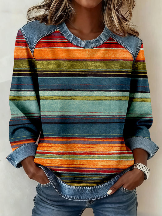 Women's Colorful Striped Print Denim Patchwork Sweatshirt
