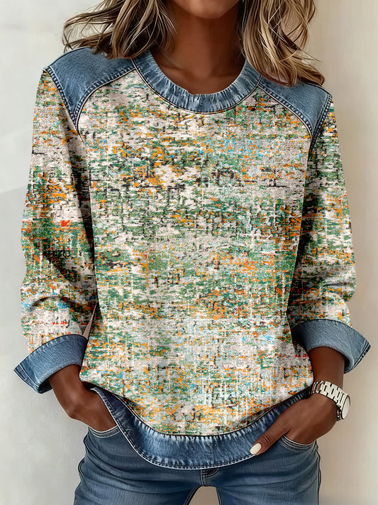 Women's Abstract Art Pattern Denim Patchwork Sweatshirt