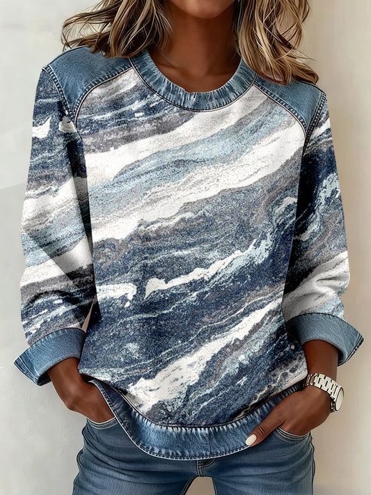 Women's Marble-Inspired Print Denim Patchwork Sweatshirt