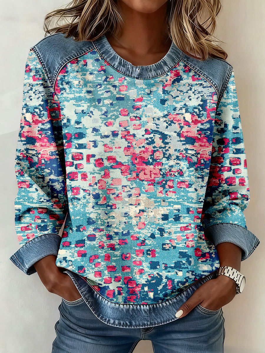 Women's Abstract Art Pattern Denim Patchwork Sweatshirt