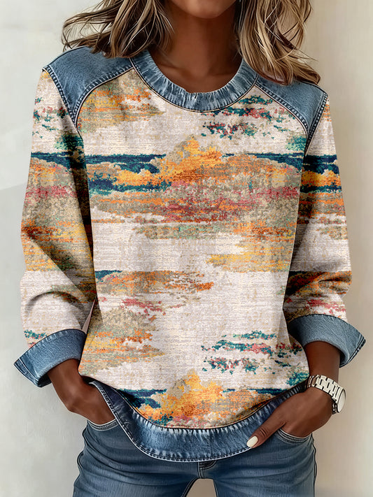 Women's Abstract Art Pattern Denim Patchwork Sweatshirt