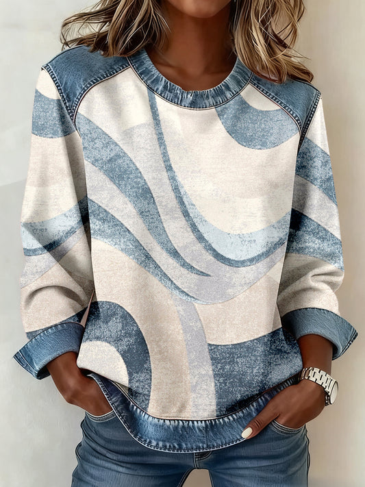 Women's Abstract Art Pattern Denim Patchwork Sweatshirt