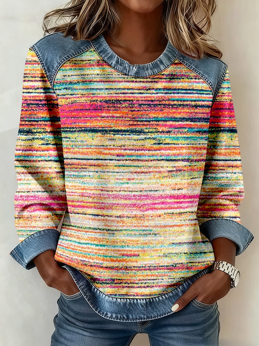 Women's Multicolor Striped Print Denim Patchwork Sweatshirt