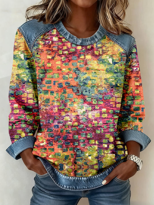 Women's Abstract Art Print Denim Patchwork Sweatshirt