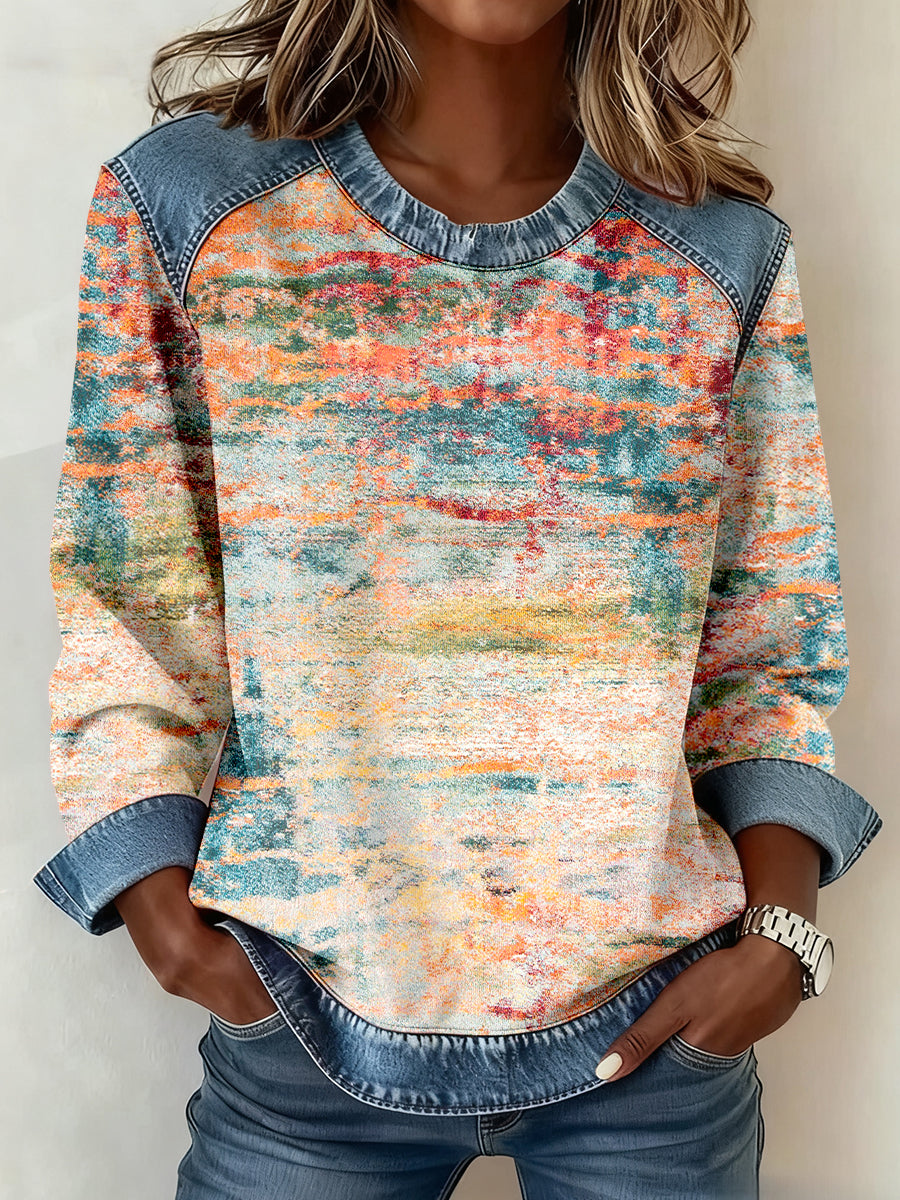 Women's Abstract Art Pattern Denim Patchwork Sweatshirt