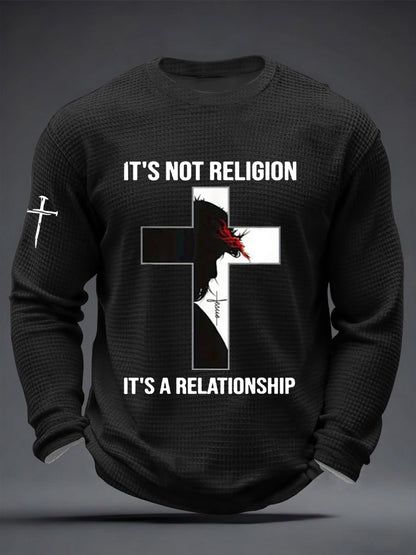 Men's  It’s Not Religion It’s A Relationship Jesus Cross Waffle Long Sleeve T-Shirt