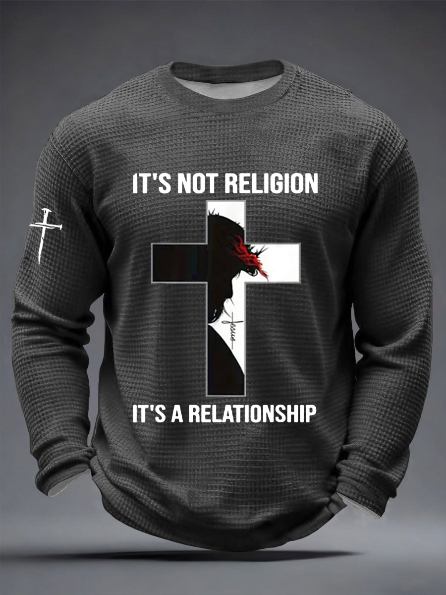 Men's  It’s Not Religion It’s A Relationship Jesus Cross Waffle Long Sleeve T-Shirt