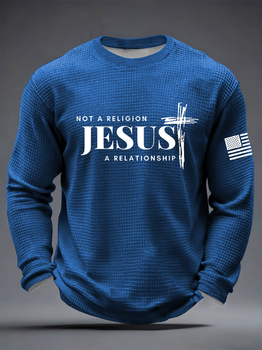 Men's  It’s Not Religion It’s A Relationship Jesus Cross  Waffle Long Sleeve T-Shirt