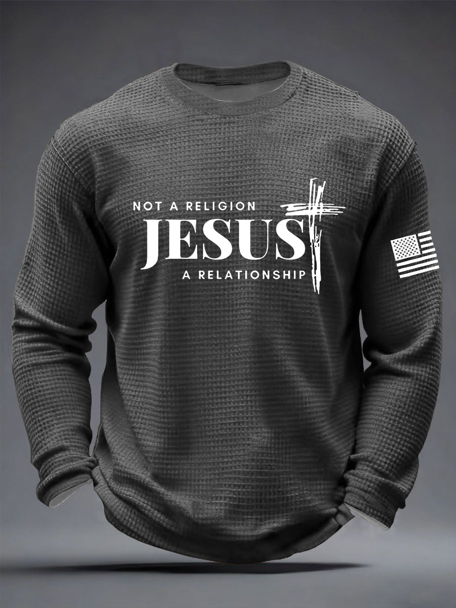 Men's  It’s Not Religion It’s A Relationship Jesus Cross  Waffle Long Sleeve T-Shirt