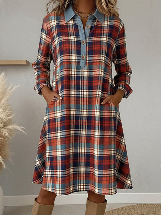 Women's Vintage Plaid Pattern Patchwork Art Dress