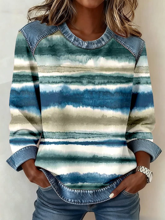 Women's Tie-Dye Art Striped Print Denim Patchwork Sweatshirt